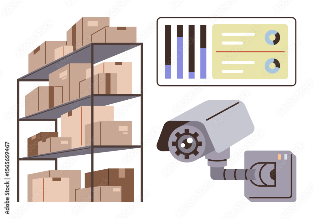 Poster storage shelves filled with boxes next to a surveillance camera and data dashboard. ideal for logist
