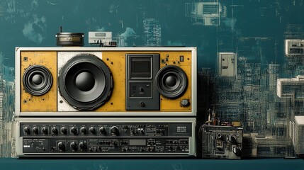 Obraz premium Retro audio equipment displayed against a stylized cityscape backdrop.