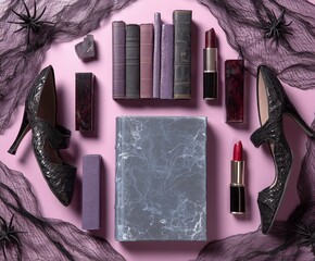 Elegant Halloween flat lay with purple heels, cosmetics, and spooky spiders on textured background. Perfect gothic glam styling for autumn fashion and beauty content