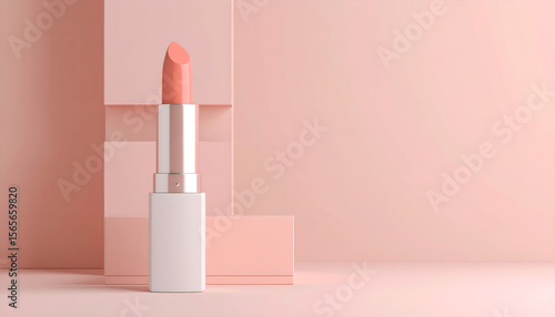 Elegant salmon-colored lipstick with square white case on stylish background