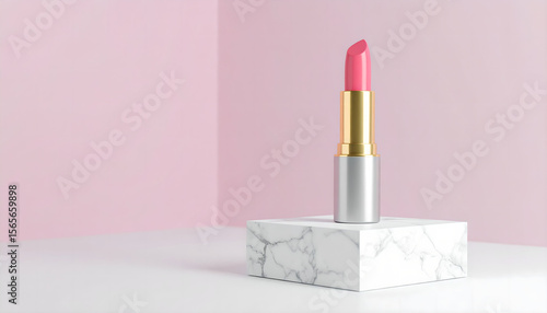Elegant Pink Lipstick on Marble Pedestal Against Pastel Pink Backdrop
