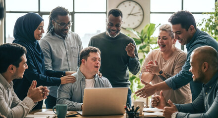 Diverse team of coworkers cheering and congratulating a young man with down syndrome, celebrating successful project or achievement in modern office environment, fostering inclusion and teamwork