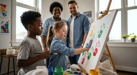 Little girl with down syndrome painting handprints on canvas at home with her afroamerican sibling and multiethnic parents in background