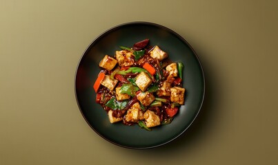 Ma la xiang guo with tofu and vegetables served on green plate