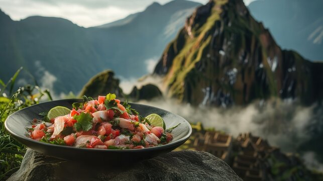 Fresh ceviche with Machu Picchu in the background of Peruvian Andes