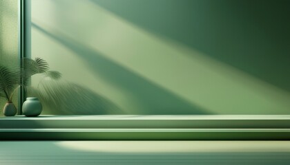 empty sage green display for product presentation abstract green studio room with light and shadow from window background for product display presentation
