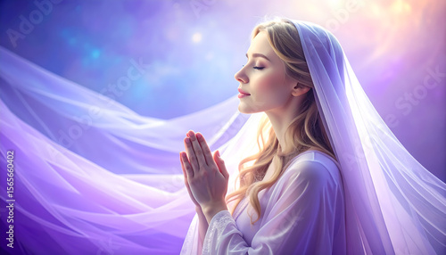 Serene Woman Praying with Hands Folded in Peaceful, Dreamy Setting