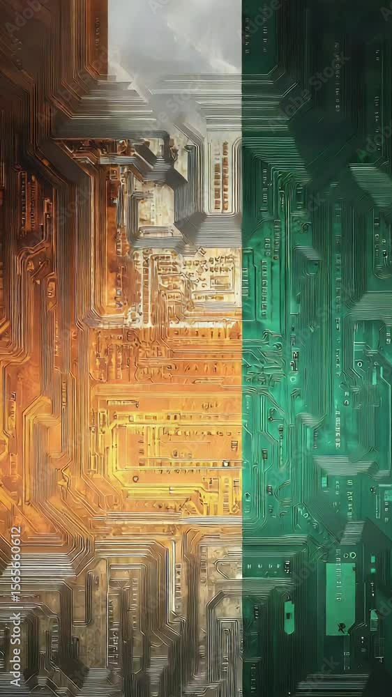Poster abstract composition featuring a split-screen effect with a circuit board design in shades of orange