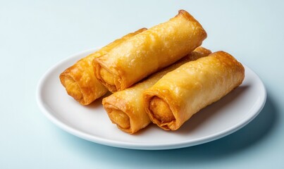 Crispy fried Spring Rolls, golden and delicious, on a white plate