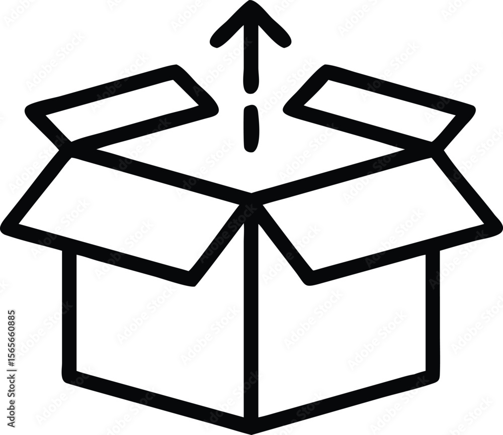 Poster outline of open box with arrow pointing upwards for packaging designs