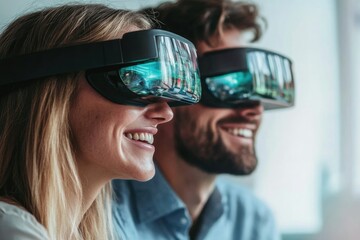 A young couple happily experiences immersive virtual reality together, showcasing technological advancement and entertainment.