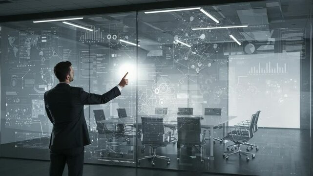 Businessman with holographic data, modern corporate, in dark suit, white graphics, and urban blue hues, representing future of business analytics or strategic decision-making