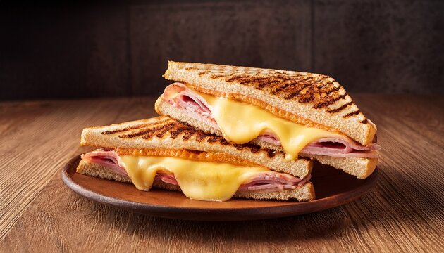 grilled club sandwich panini with ham and melted cheese on a wooden table food lunch food