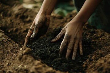Dark-skinned hands work rich soil, preparing earth for planting.  A scene of agriculture and growth.