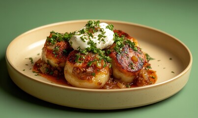 Fototapeta premium Kolduny dumplings with meat and onions served with sour cream on a plate