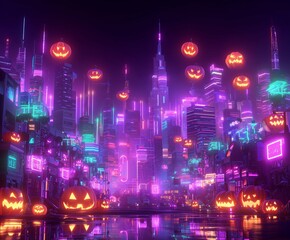 Futuristic cyberpunk Halloween cityscape with neon-lit drones and glowing jack-o'-lanterns in purple and teal atmosphere