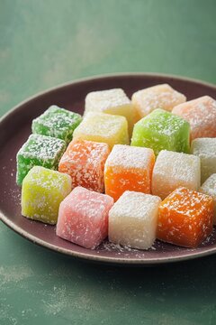 Colorful kue cubir sweets are presented on a dark pink plate in Indonesia