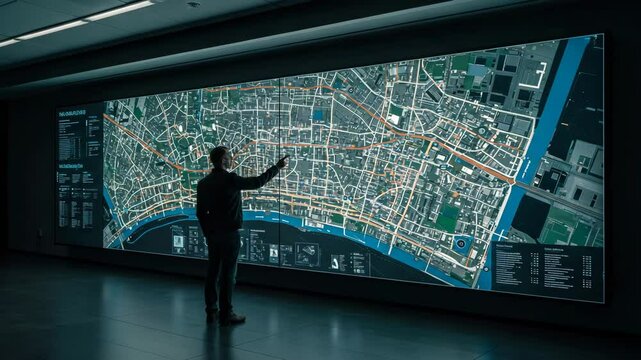 Man interacting with large digital map, modern technological, in blue and grey with white information, urban data visualization or smart city concept