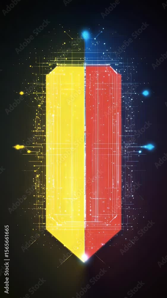 Poster abstract vertical composition features a color-divided number one with a glowing circuit design on a