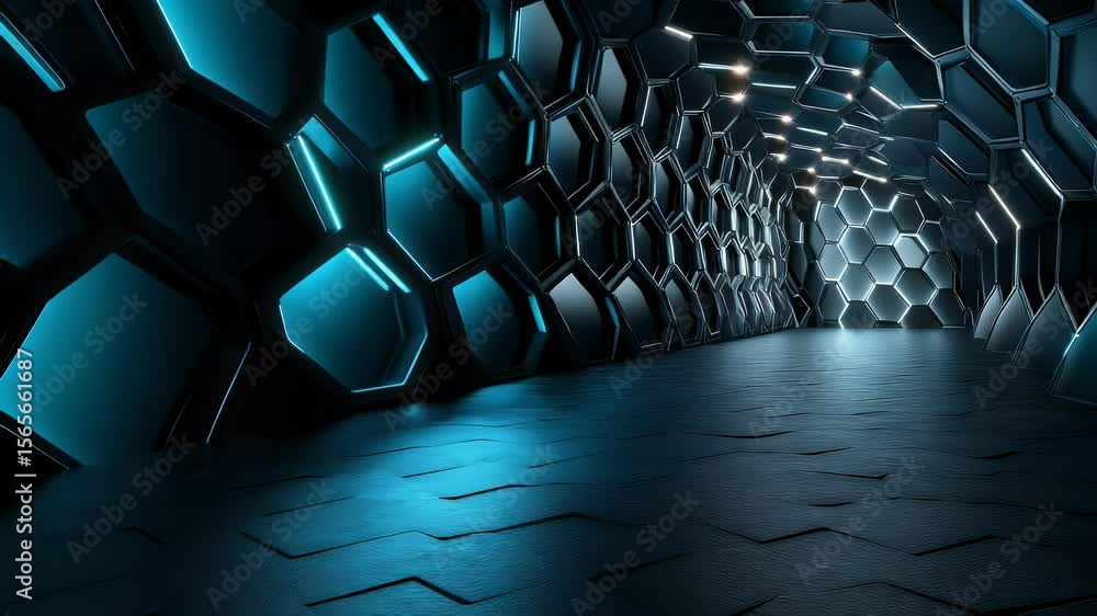Poster futuristic tunnel with hexagonal pattern in teal neon lights reflecting on the floor creating a dark