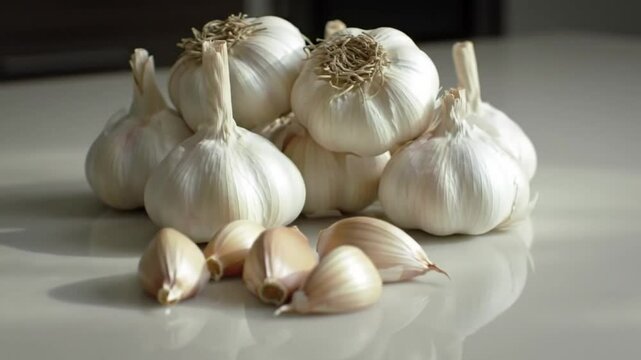 Several heads of garlic in a pile on a modern kitchen table  
