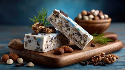 Fototapeta premium A delectable confectionery treat, crafted with creamy nougat, embedded with various nuts and chocolate pieces, sits invitingly on a rustic wooden board