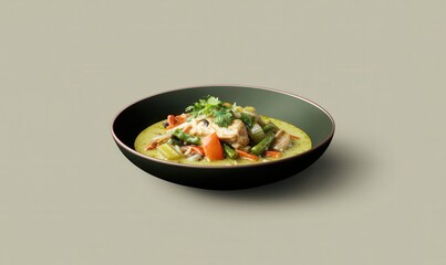 Creamy green curry served on dark green plate with light beige background
