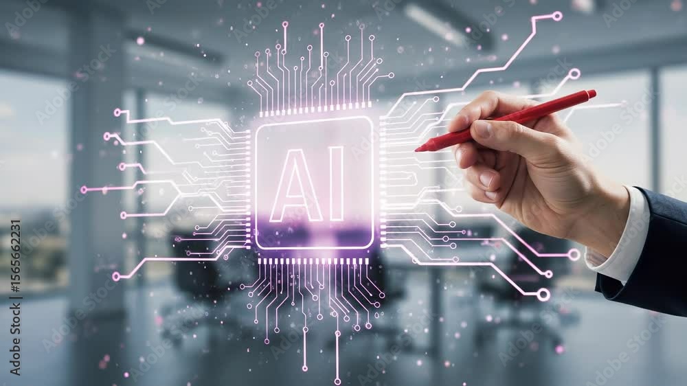 Poster ai future: a hand with pen highlights an ai processor design, symbolizing artificial intelligence in