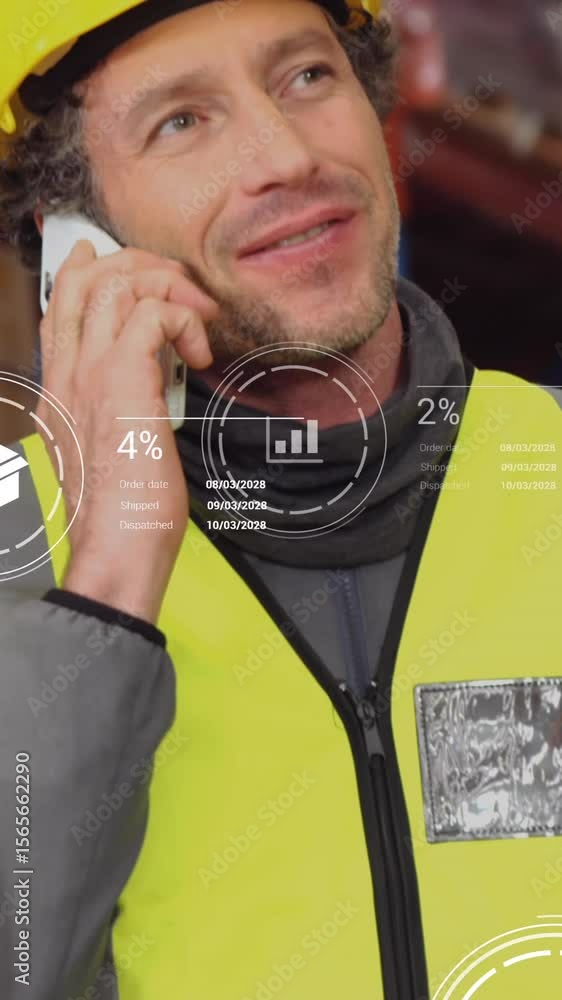 Aufkleber animation of data processing over caucasian man on smartphone working in warehouse