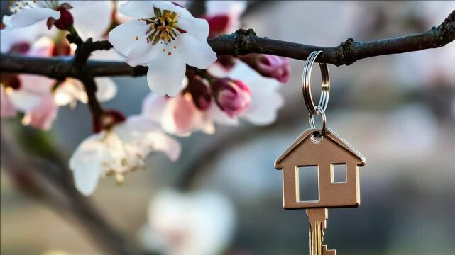 A charming keychain shaped like a house, with a silver keyring attached. The blurred background of pink cherry blossoms suggests a warm spring setting.