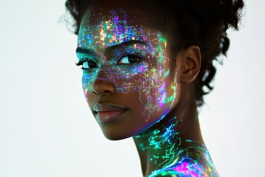 A woman's face is adorned with vibrant, glowing, digital patterns, resembling a futuristic technological marvel. - Powered by Adobe