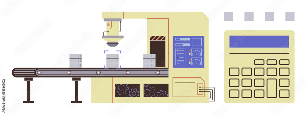 Poster robotic arm assembling components on moving conveyor belt alongside digital control system. ideal fo