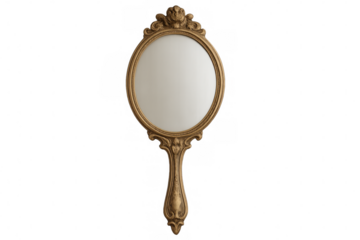 Antique golden hand mirror with ornate frame isolated on transparent background, perfect for beauty and vintage-related designs