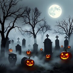 A spooky Halloween cemetery scene with fog drifting between old tombstones, bare trees, and eerie jack-o'-lanterns. The full moon casts a ghostly glow, adding to the haunted atmosphere with shadows.