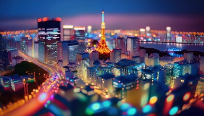 Fototapeta premium night cityscape skyline lights bokeh tokyo japan tilt shift miniature effect vibrant colors high angle view city lights abstract background architecture design