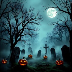 A spooky Halloween cemetery scene with fog drifting between old tombstones, bare trees, and eerie jack-o'-lanterns. The full moon casts a ghostly glow, adding to the haunted atmosphere with shadows.