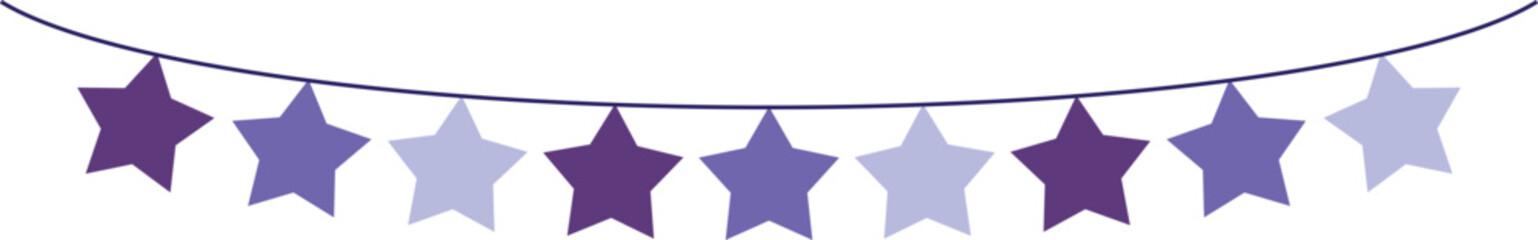 Bunting Banner with Star Shape Flags - Decorative bunting banner in shades of purple hung on a thin string