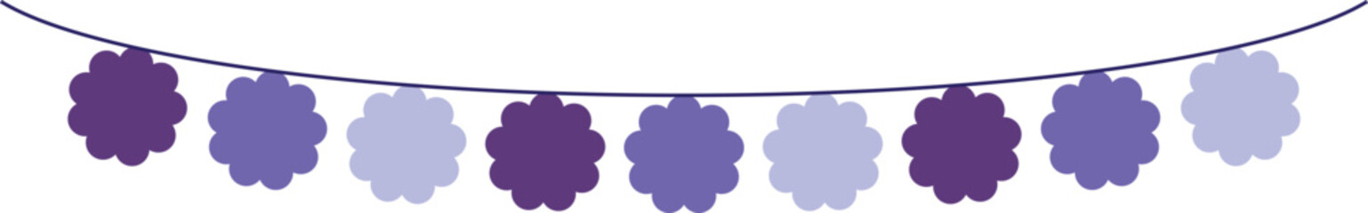 Bunting Banner with Flower Shape Flags - Decorative bunting banner in shades of purple hung on a thin string