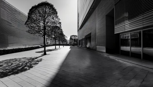 Fototapeta black and white monochromatic urban architecture photo of trees and buildings with shadows on the sidewalk