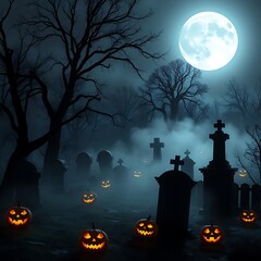 A spooky Halloween cemetery scene with fog drifting between old tombstones, bare trees, and eerie jack-o'-lanterns. The full moon casts a ghostly glow, adding to the haunted atmosphere with shadows.