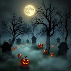 A spooky Halloween cemetery scene with fog drifting between old tombstones, bare trees, and eerie jack-o'-lanterns. The full moon casts a ghostly glow, adding to the haunted atmosphere with shadows.