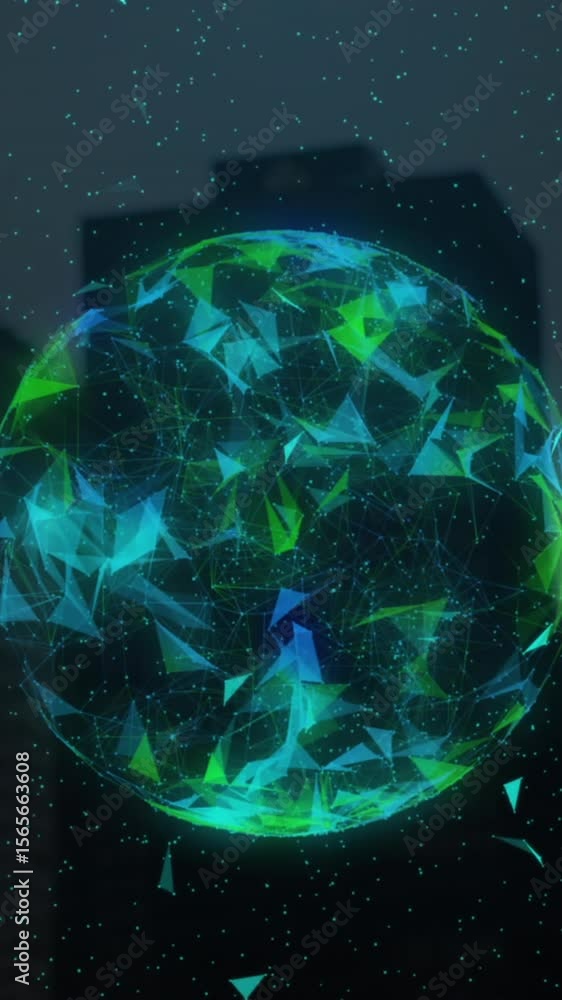Poster globe of plexus networks spinning against modern buildings