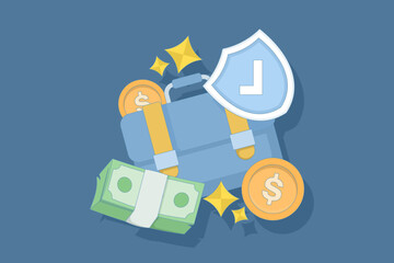 personal or business fund protection Briefcase with money and a checkmarked shield. business security. business security concept, Ideal banner illustration for business theme.