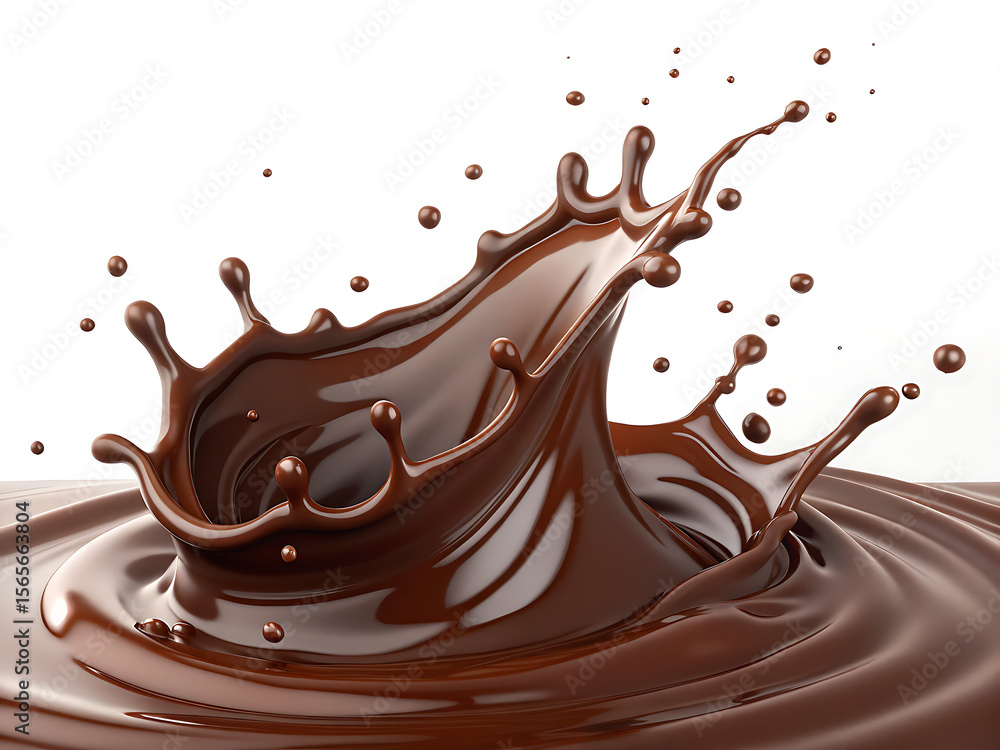 Poster a dynamic splash of dark chocolate with droplets on a white background creating a sweet dessert scen