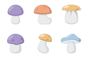 mushroom concept, Collection of different mushrooms. featuring cute toadstools. isolated in nature. Cartoon illustration of mushrooms in the forest.