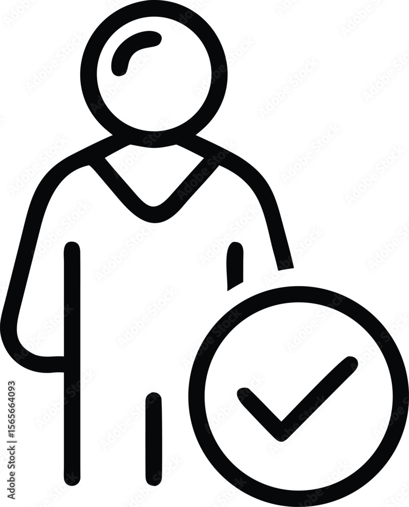 Poster person figure with check mark icon for user profile verification approval