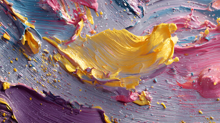 A vibrant close-up of thick, textured impasto paint strokes in yellow, pink, and purple, creating an abstract artistic background.