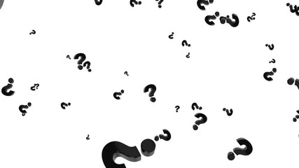A sea of black question marks against a stark white background,Ideal for abstract concepts and educational themes.doubt, Animated Black Question Marks Floating and Flying on a White Background,Symbol 