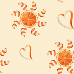Orange slice with heart shaped peel and sun seamless pattern. Watercolor summer illustration on yellow background. Ideal for fabric or wallpaper print design and bright tropical decorative concept.