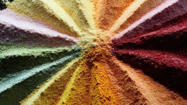Vibrant colors and textures of spices form a medley, creating an organic, rainbow-like pattern that suggests the richness and variety of flavors in this food.